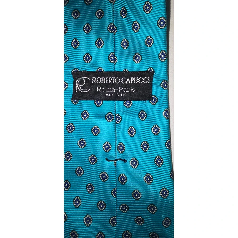 Roberto Capucci Silk Tie Teal Blue Geometric Foulard Hand Printed England USA